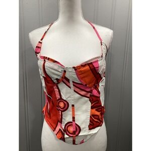 PrettyLittleThing Abstract Print Halter Corset Top Orange Pink White Size 2